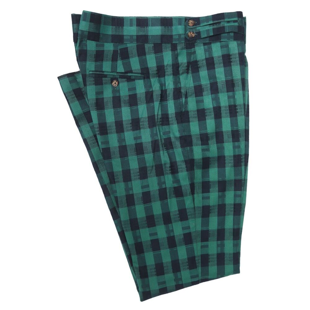 Mens Gurkha Pants Green Blue Plaid Geometric Wool Slim Straight Flat Front 34